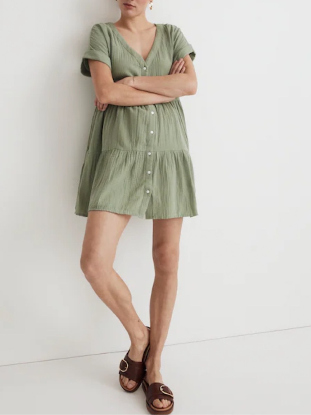 Madewell Olive Green Light-spun Gauze Cotton Button Front Mini Dress